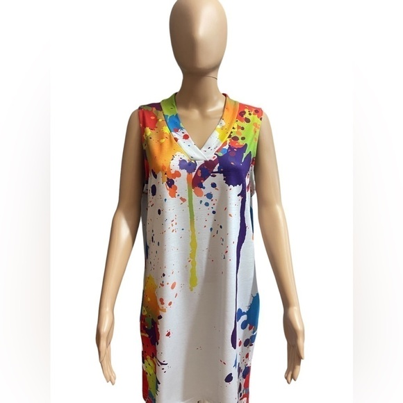 Chicme Cotton Blend V Neck Dress Colorful Paint Splatter XL - Picture 2 of 10